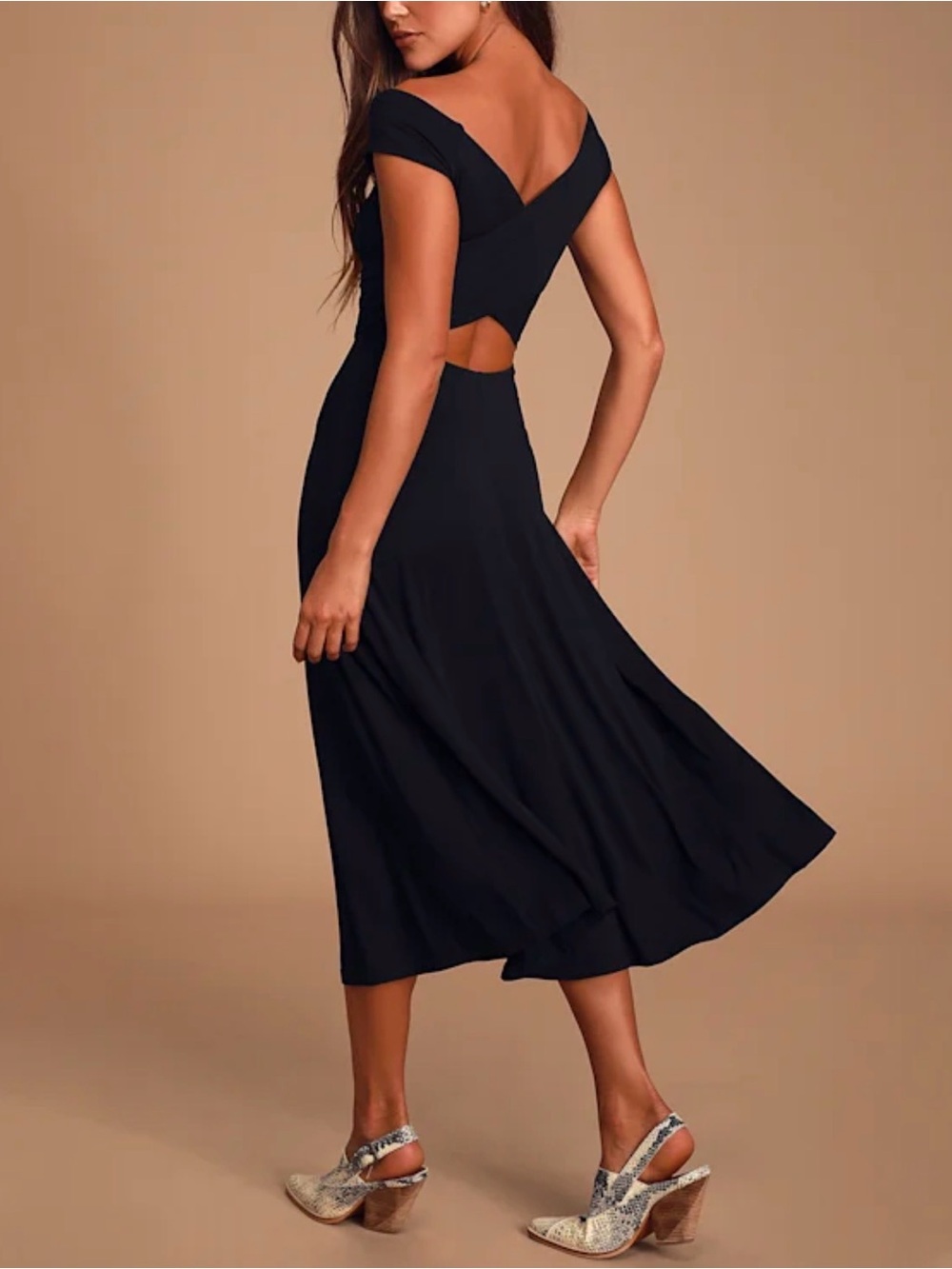Lulus Black Off-the-Shoulder Open Back Midi Dress | Elegant | Size Medium